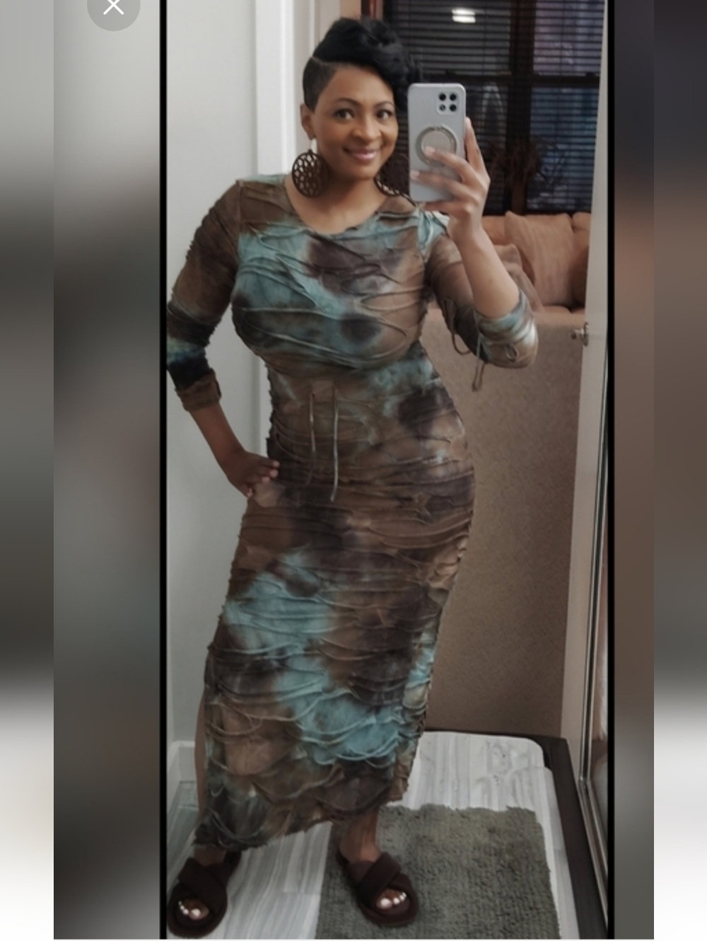 Long Sleeve Tie-Dye Bodycon Maxi Dress - Blue & Brown 🔥 🔥 🔥 Size M - Picture 2 of 7